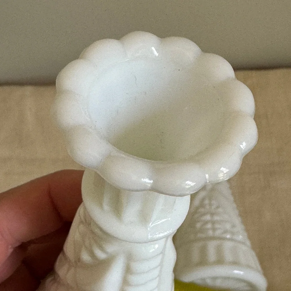 Vintage White Milk Glass Bud Vases Scalloped Rim Diamond Pattern Set of 2 MCM